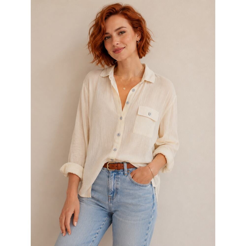 Club Social  Gauze Button Up Shirt Long Sleeve  Summer Beach NWT Size M